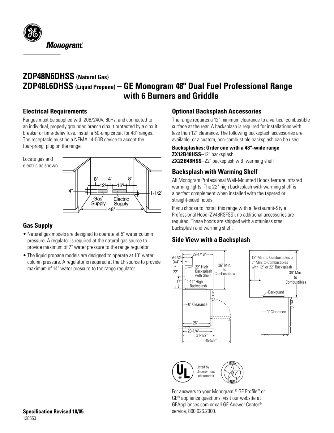 GE ZDP48L6DHSS6 Electrical Requirements, Gas Supply, Optional Backsplash Accessories, Backsplash with Warming Shelf 