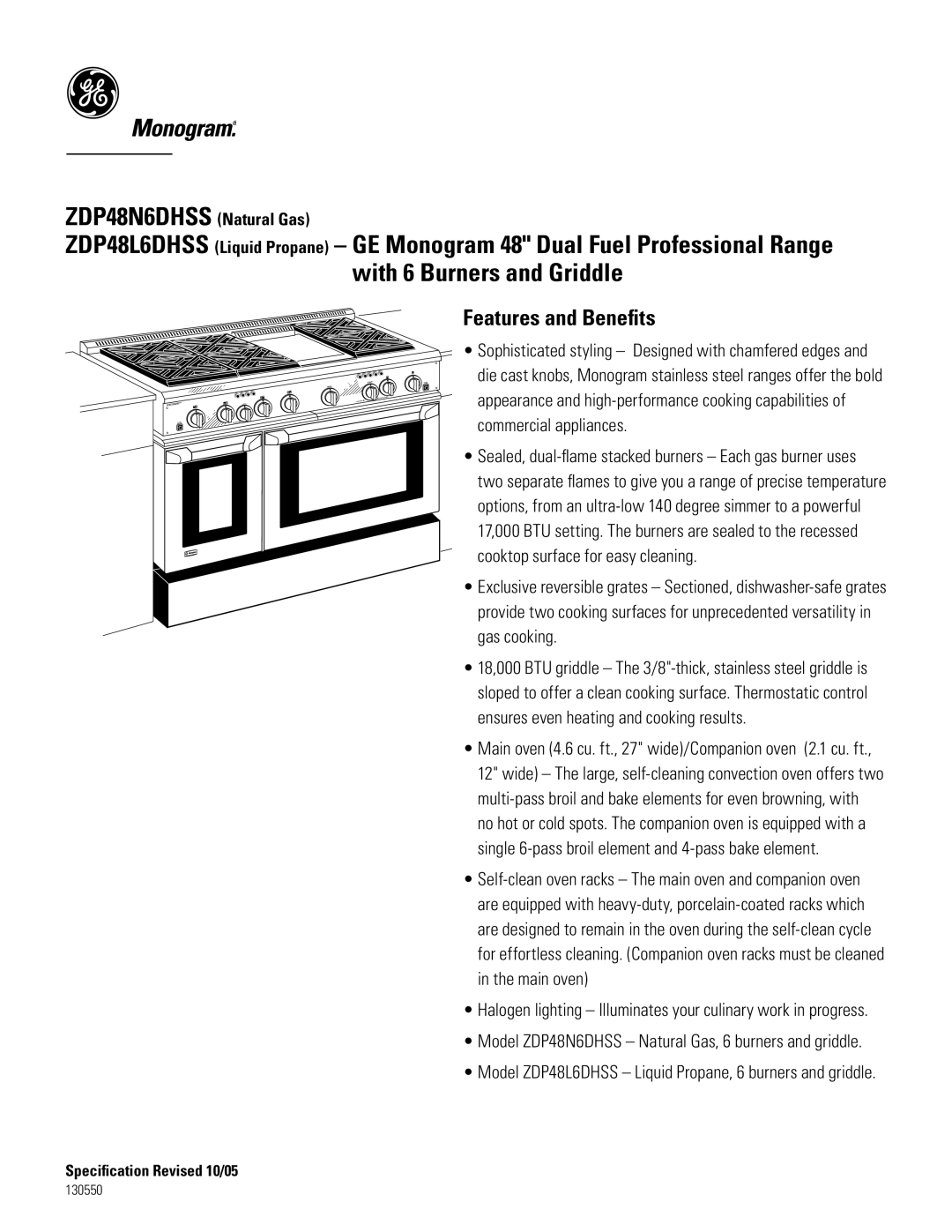 GE ZDP48N6DHSS6, ZDP48L6DHSS6 dimensions Features and Beneﬁts 