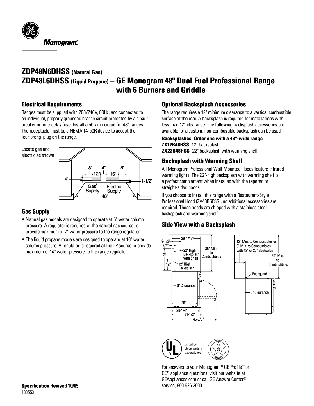 GE ZDP48L6DHSS6 Electrical Requirements, Gas Supply, Optional Backsplash Accessories, Backsplash with Warming Shelf, 1-1/2 