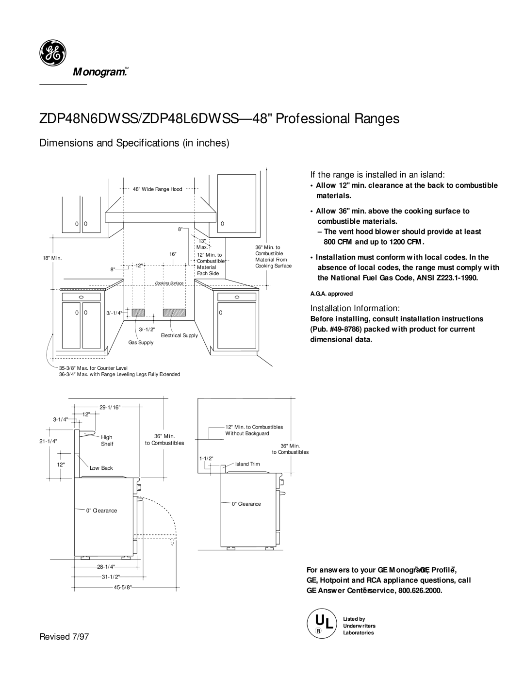 GE ZDP48N6DWSS6 dimensions ZDP48N6DWSS/ZDP48L6DWSS-48 Professional Ranges, If the range is installed in an island 