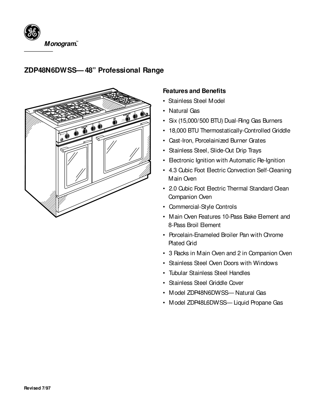 GE ZDP48N6DWSS6 dimensions ZDP48N6DWSS-48 Professional Range, Features and Benefits 