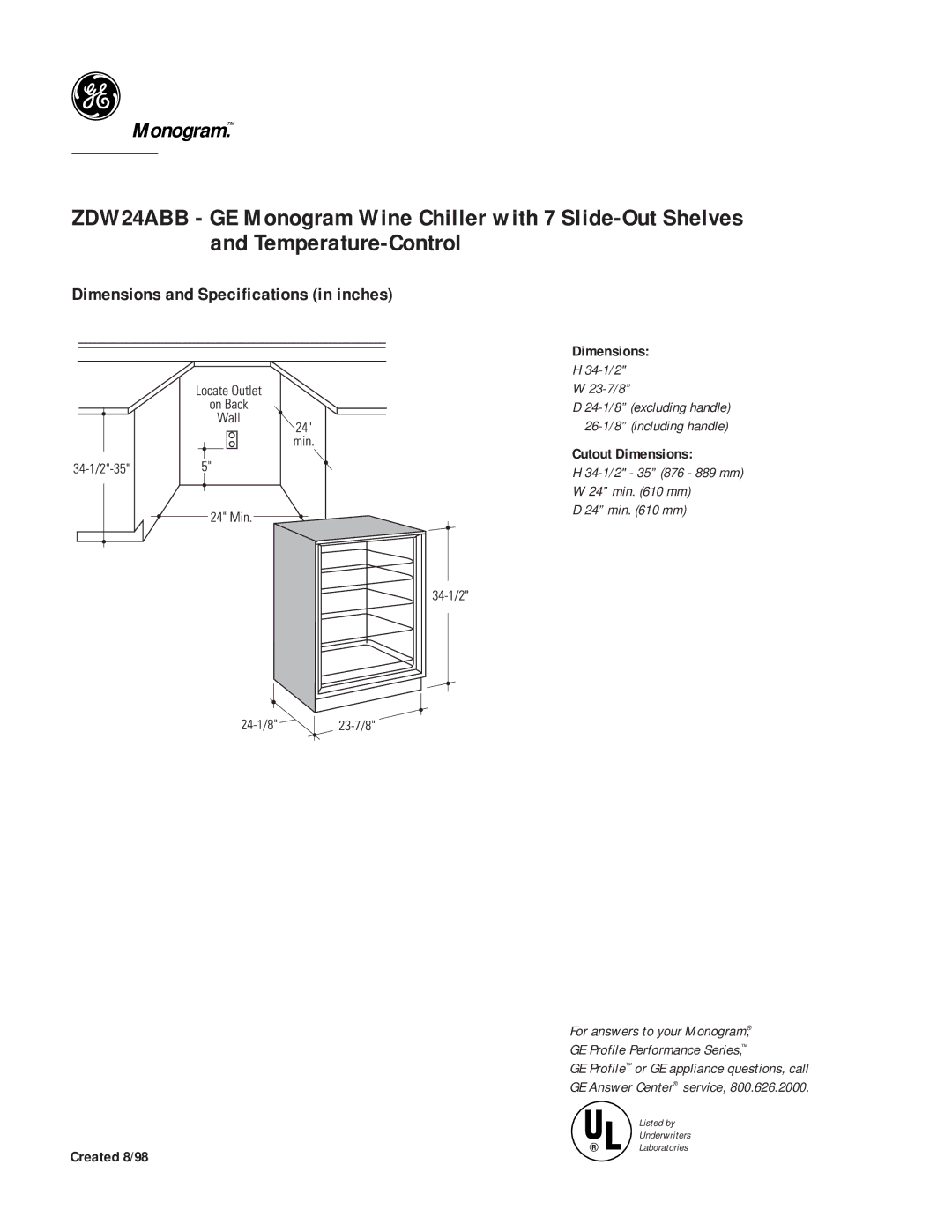 GE ZDW24ABB dimensions Dimensions and Specifications in inches, Cutout Dimensions, Created 8/98 