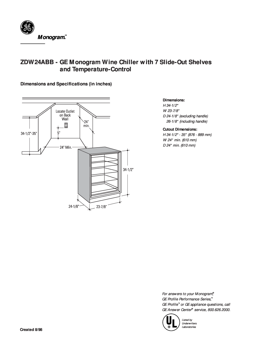 GE ZDW24ABB dimensions Monogram, Dimensions and Specifications in inches, Cutout Dimensions, Created 8/98 