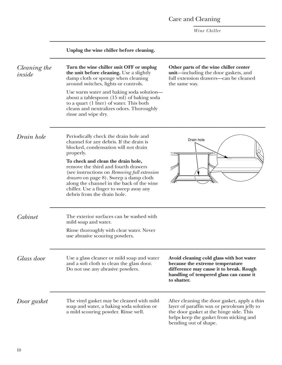 GE ZDWC240 owner manual Cleaning the inside, Drain hole Cabinet Glass door, Door gasket 