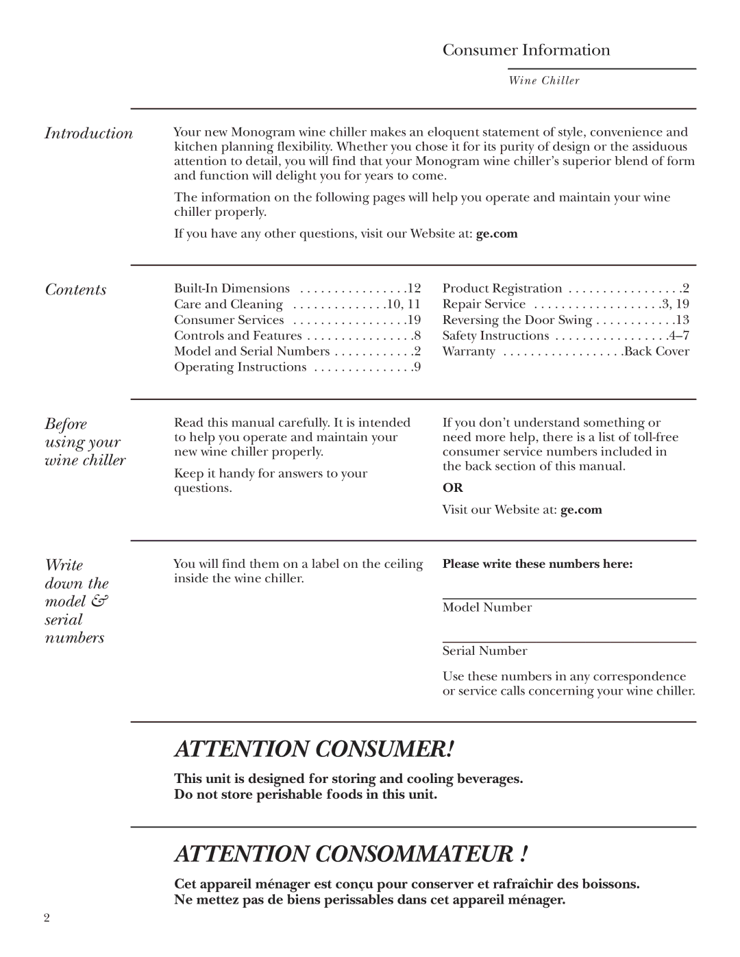 GE ZDWC240 owner manual Introduction, Contents, Before using your wine chiller, Write down the model & serial numbers 