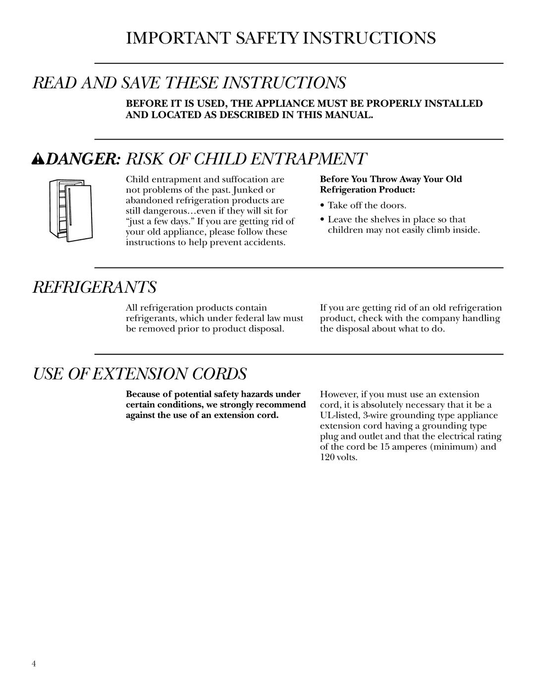 GE ZDWC240 owner manual Read and Save These Instructions, Refrigerants, USE of Extension Cords 