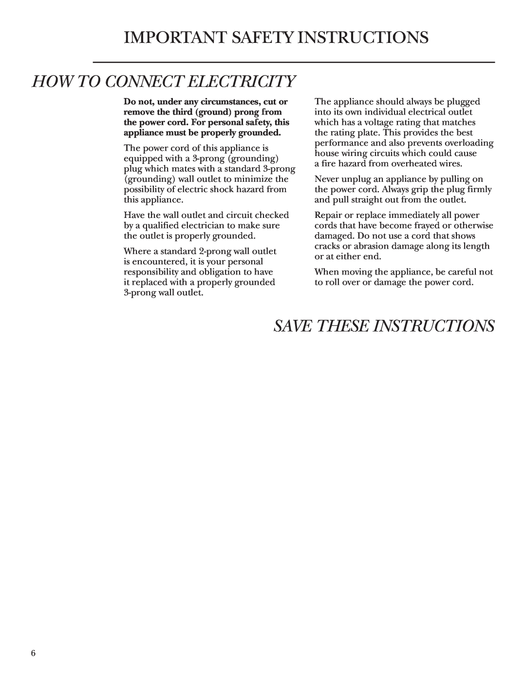 GE ZDWC240 owner manual How To Connect Electricity, Save These Instructions, Important Safety Instructions 