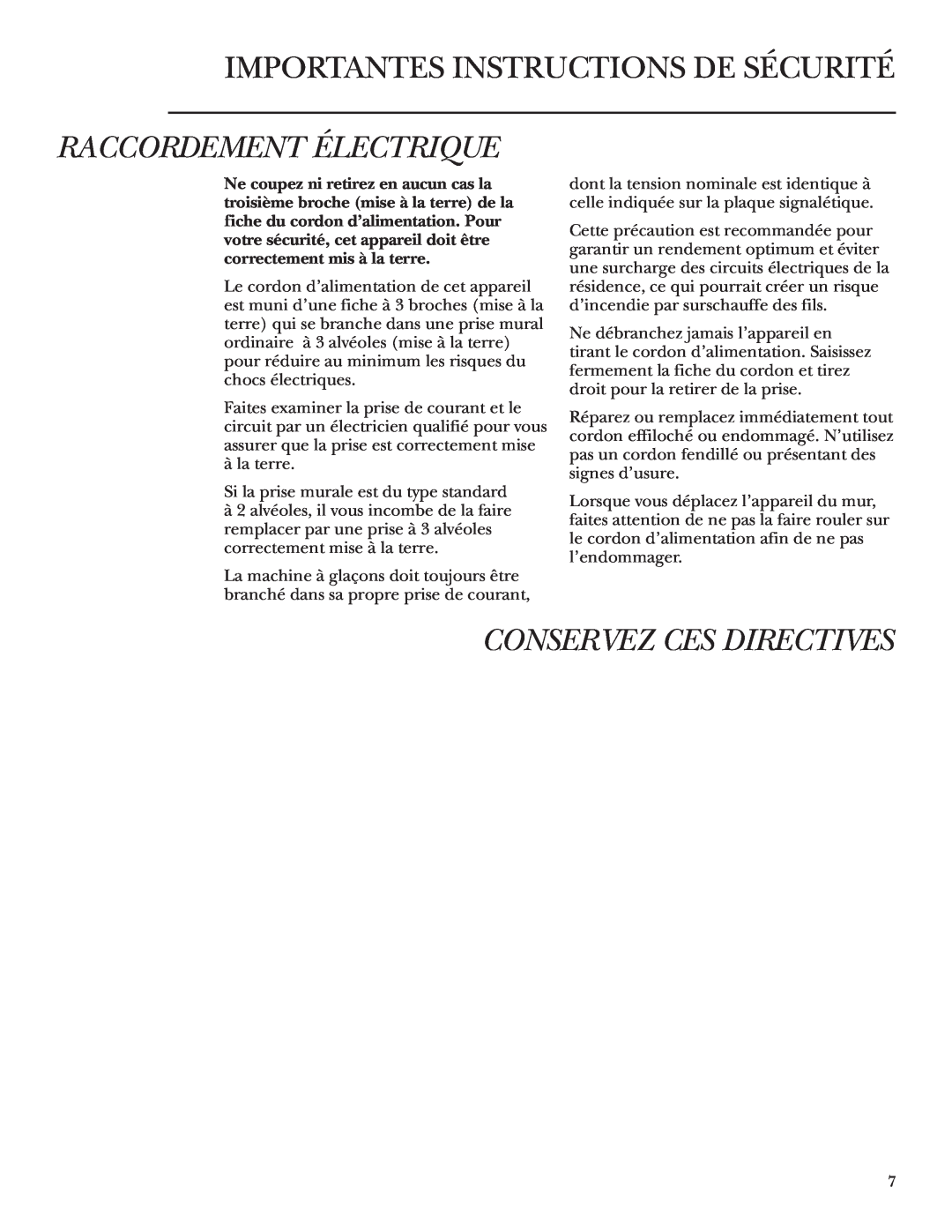 GE ZDWC240 owner manual Raccordement Électrique, Conservez Ces Directives, Importantes Instructions De Sécurité 