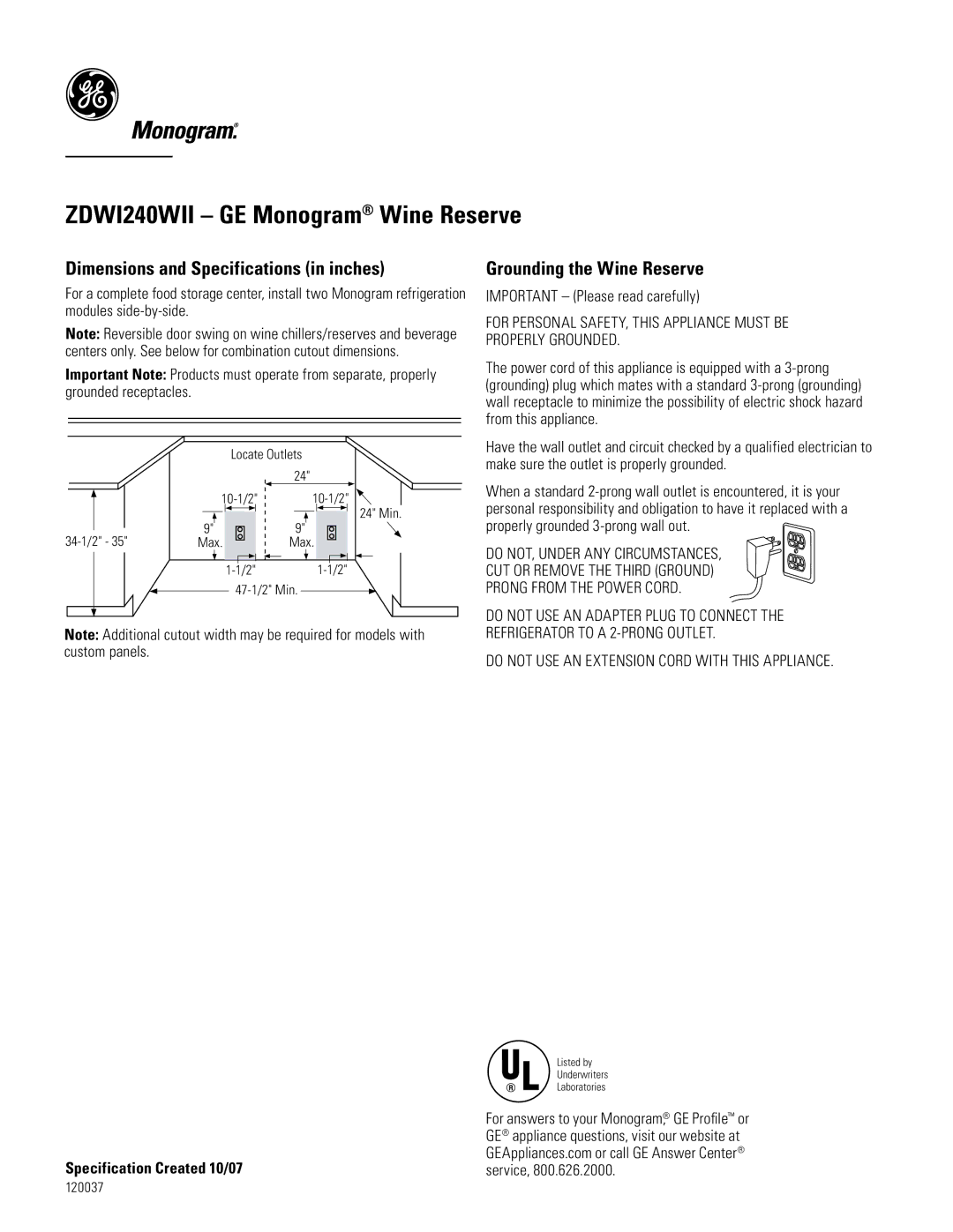 GE ZDWI240WII dimensions Dimensions and Specifications in inches, Grounding the Wine Reserve 