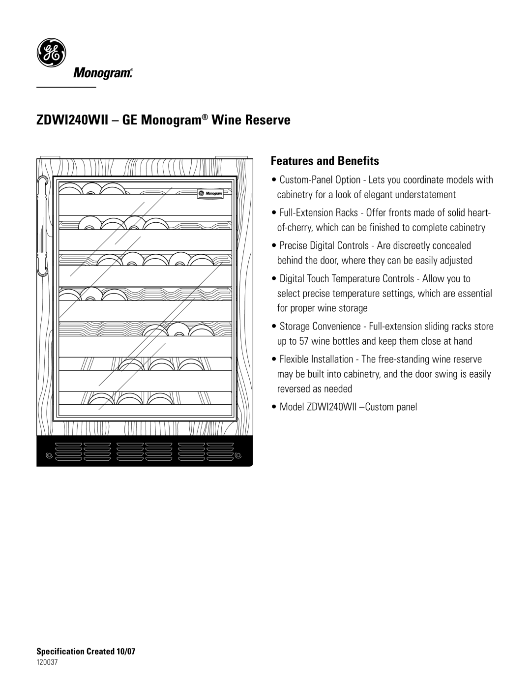 GE ZDWI240WII dimensions Features and Benefits 