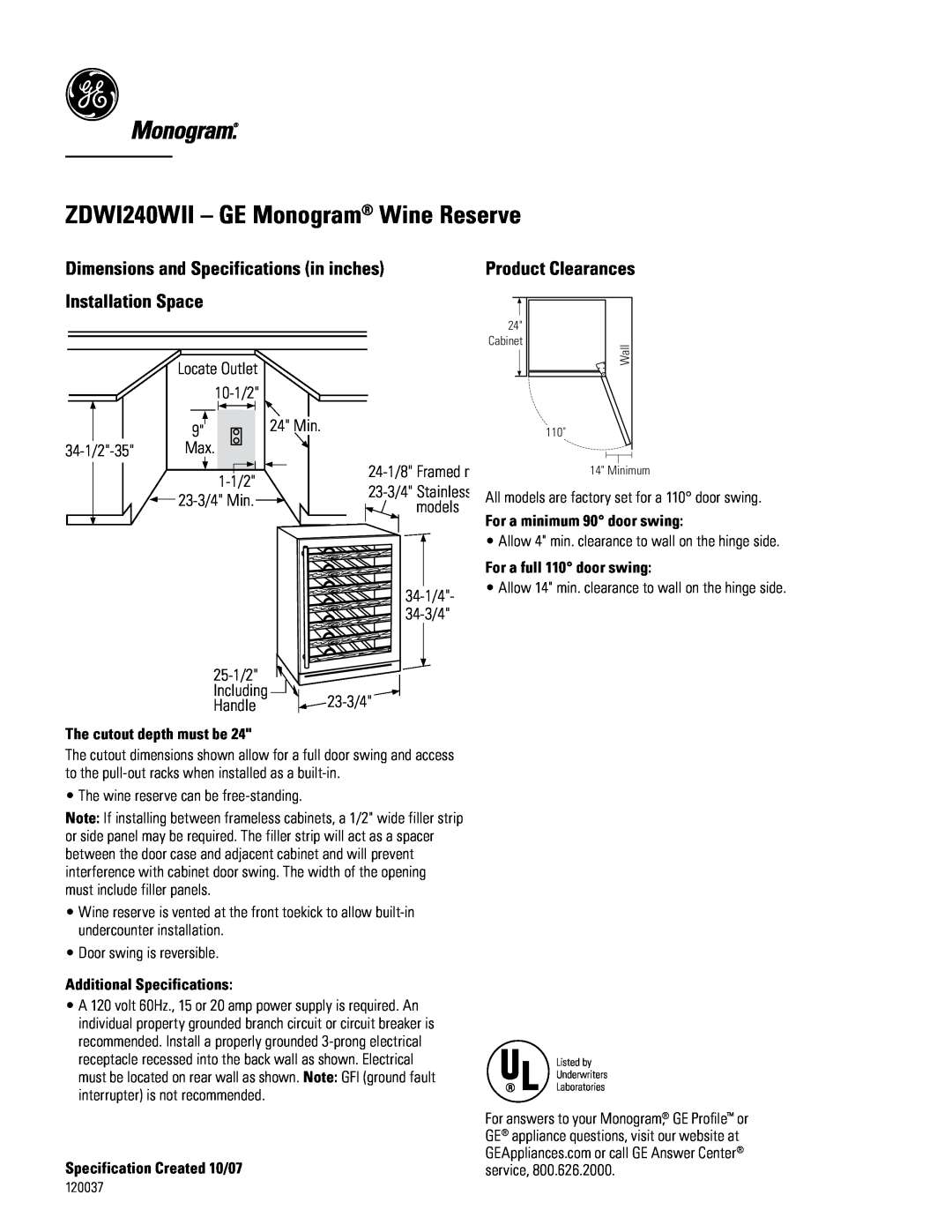 GE dimensions ZDWI240WII - GE Monogram Wine Reserve, Product Clearances 