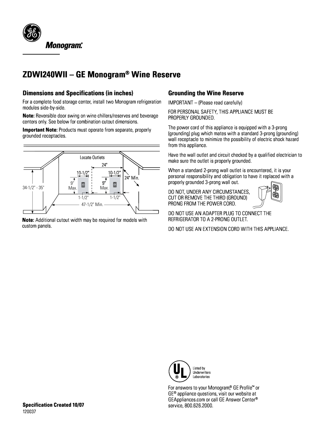 GE dimensions Dimensions and Specifications in inches, Grounding the Wine Reserve, ZDWI240WII - GE Monogram Wine Reserve 