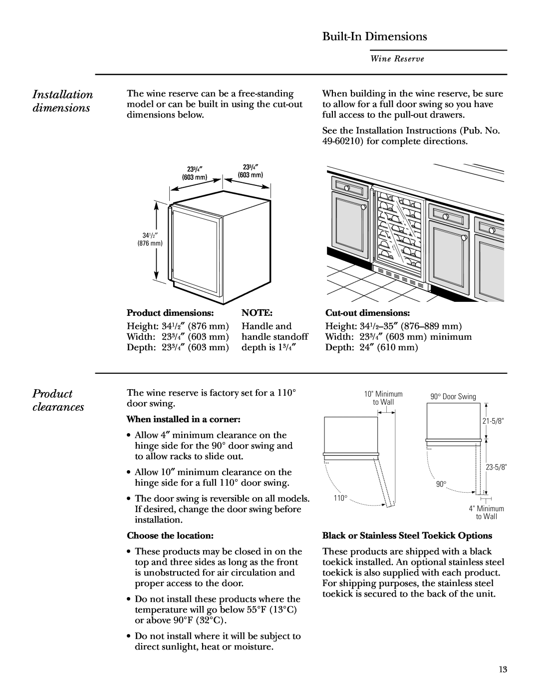 GE ZDWR240 owner manual Installation dimensions, Built-In Dimensions, Product clearances 