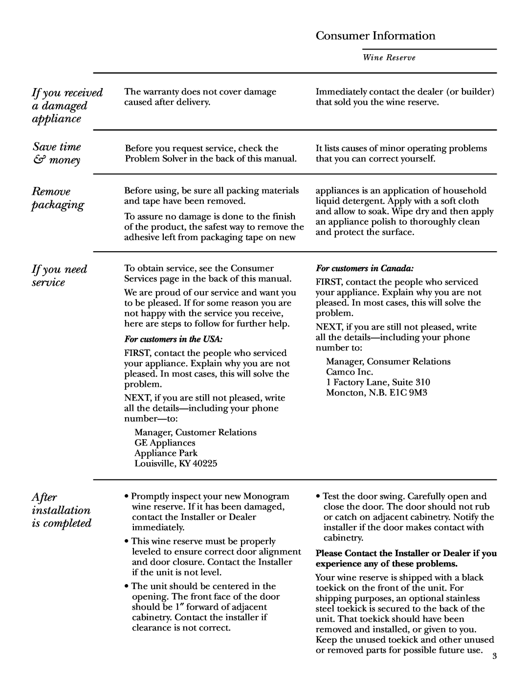 GE ZDWR240 owner manual If you received a damaged appliance Save time & money, Remove packaging, If you need service 