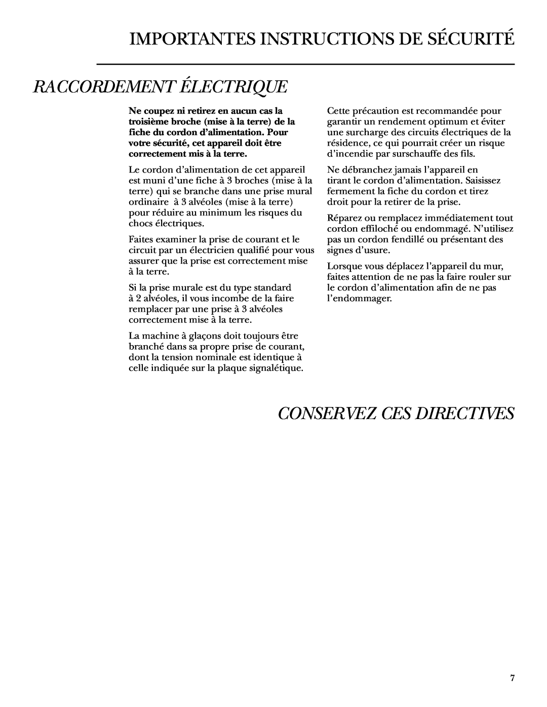 GE ZDWR240 owner manual Raccordement Électrique, Conservez Ces Directives, Importantes Instructions De Sécurité 