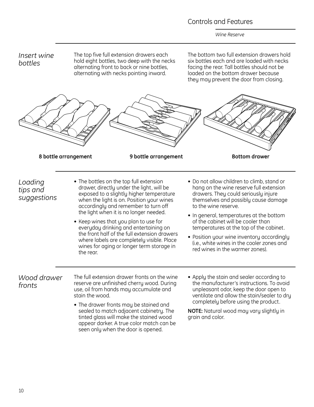 GE ZDWT240 owner manual Wood drawer fronts, Insert wine bottles, Loading tips and suggestions, Bottle arrangement 