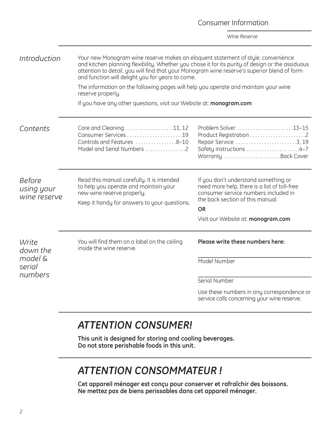 GE ZDWT240 owner manual Introduction, Contents, Write down the model & serial numbers 