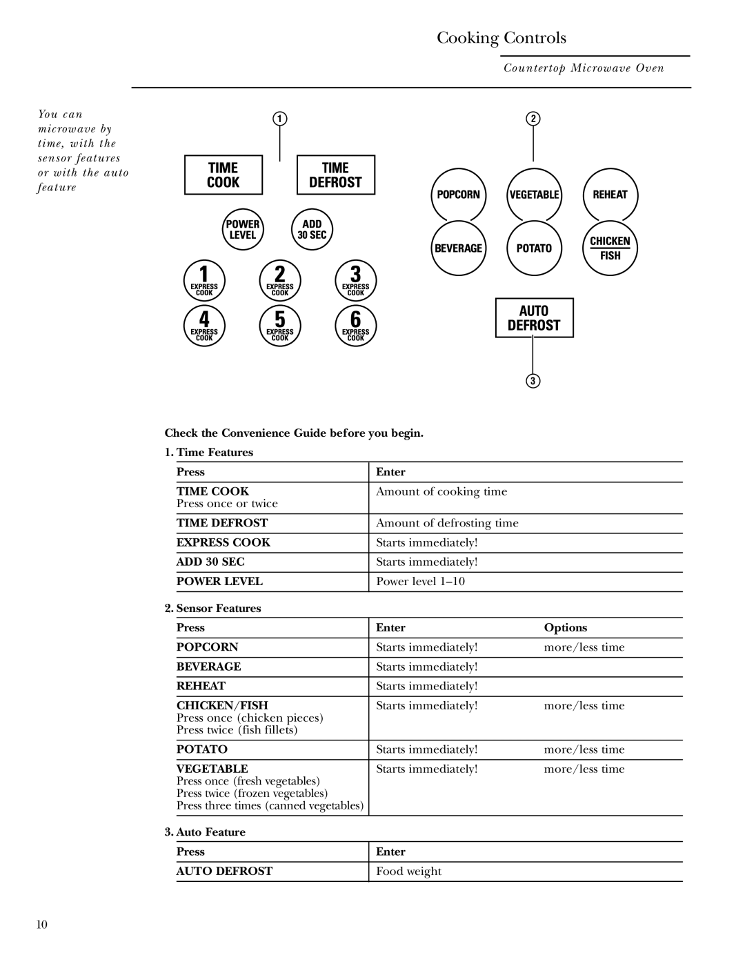 GE ZE2160 owner manual Cooking Controls, Sensor Features Press Enter Options, Auto Feature Press Enter 