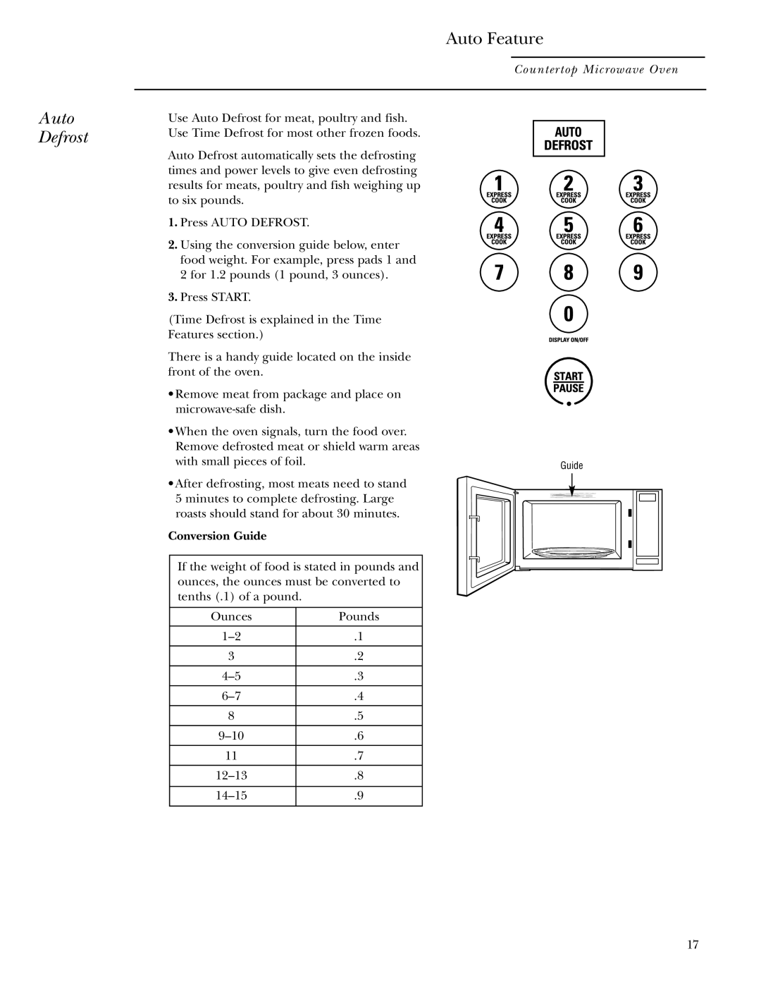 GE ZE2160 owner manual Auto Defrost, Auto Feature, Conversion Guide 