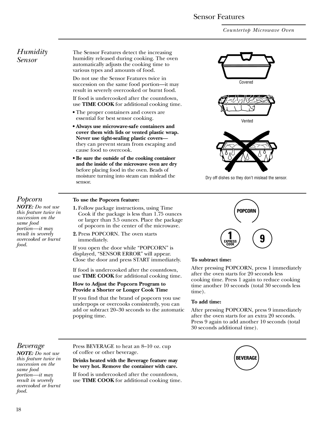 GE ZE2160 owner manual Humidity Sensor, Sensor Features, Popcorn, Beverage 