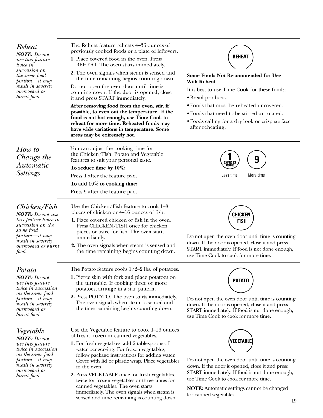 GE ZE2160 owner manual Reheat, How to Change the Automatic Settings, Chicken/Fish, Potato, Vegetable 