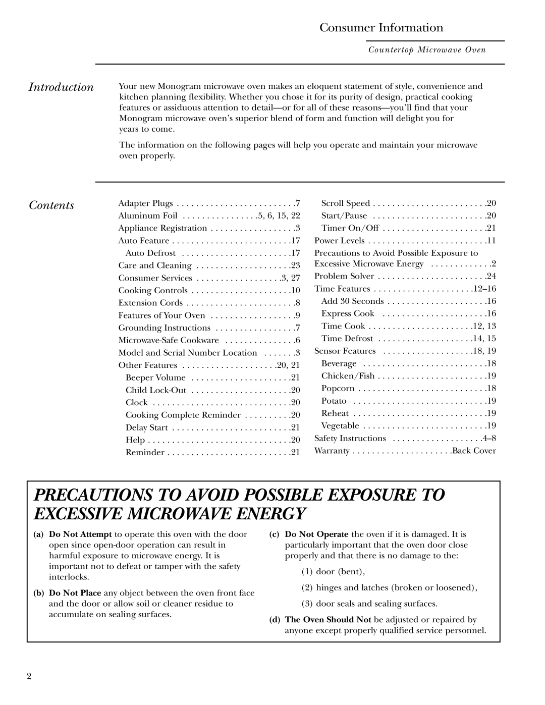 GE ZE2160 owner manual Introduction, Contents 