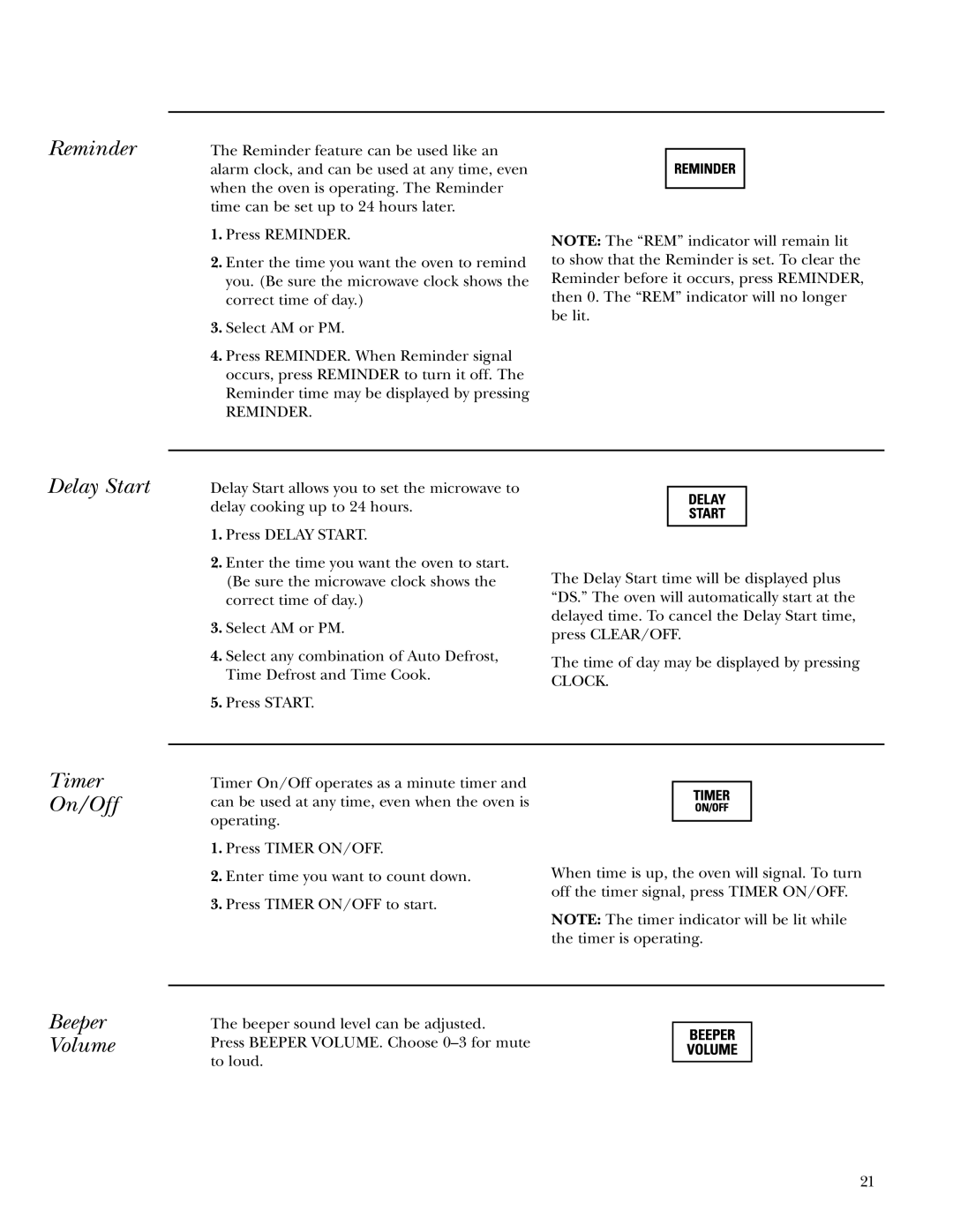 GE ZE2160 owner manual Delay Start, Timer On/Off, Beeper Volume 