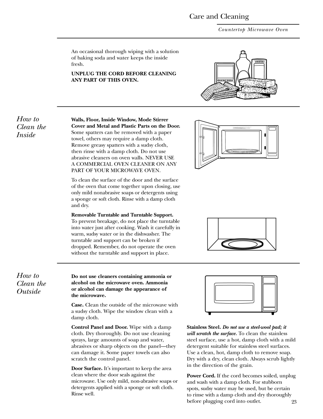 GE ZE2160 How to Clean the Inside, Care and Cleaning, How to Clean the Outside, Removable Turntable and Turntable Support 