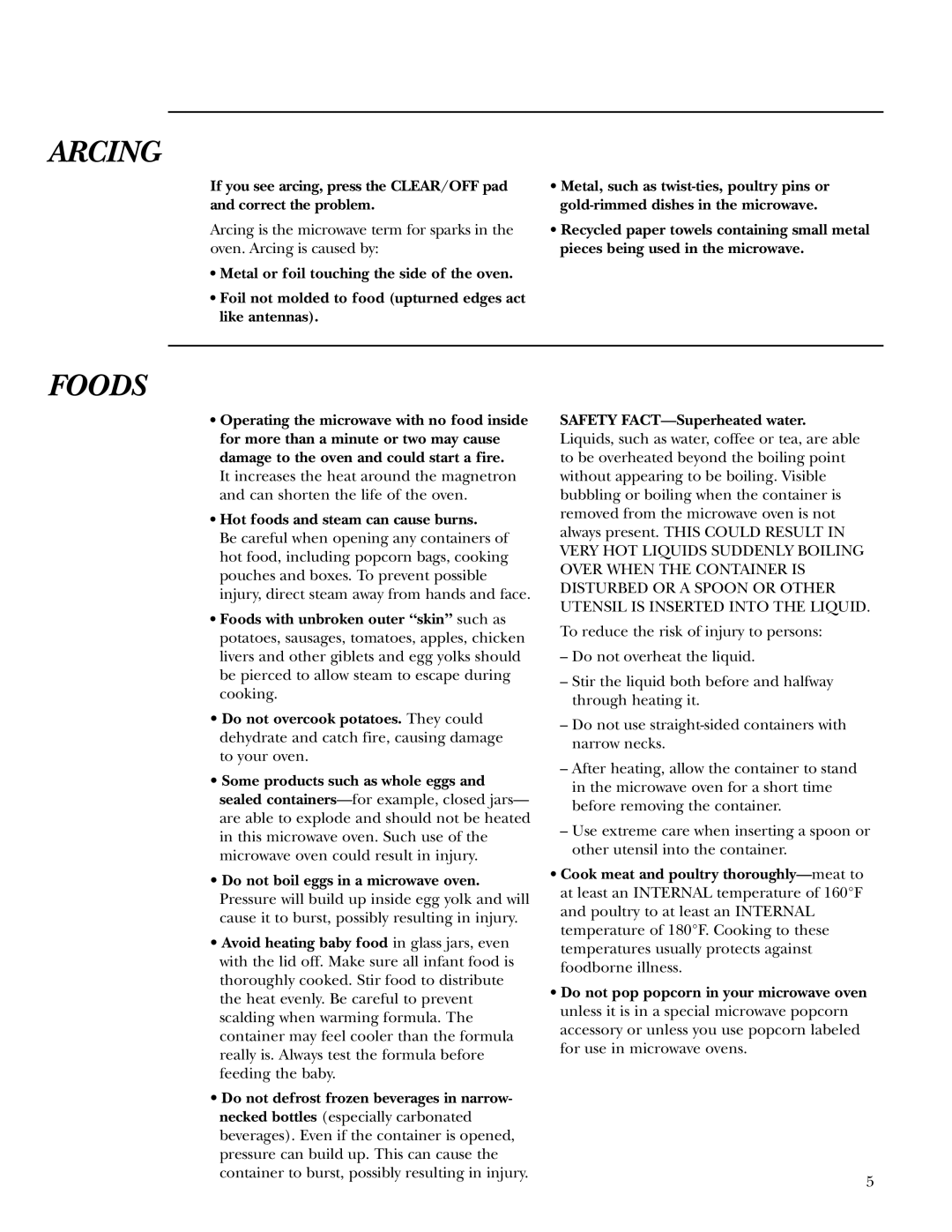 GE ZE2160 owner manual Arcing, Foods, Hot foods and steam can cause burns 