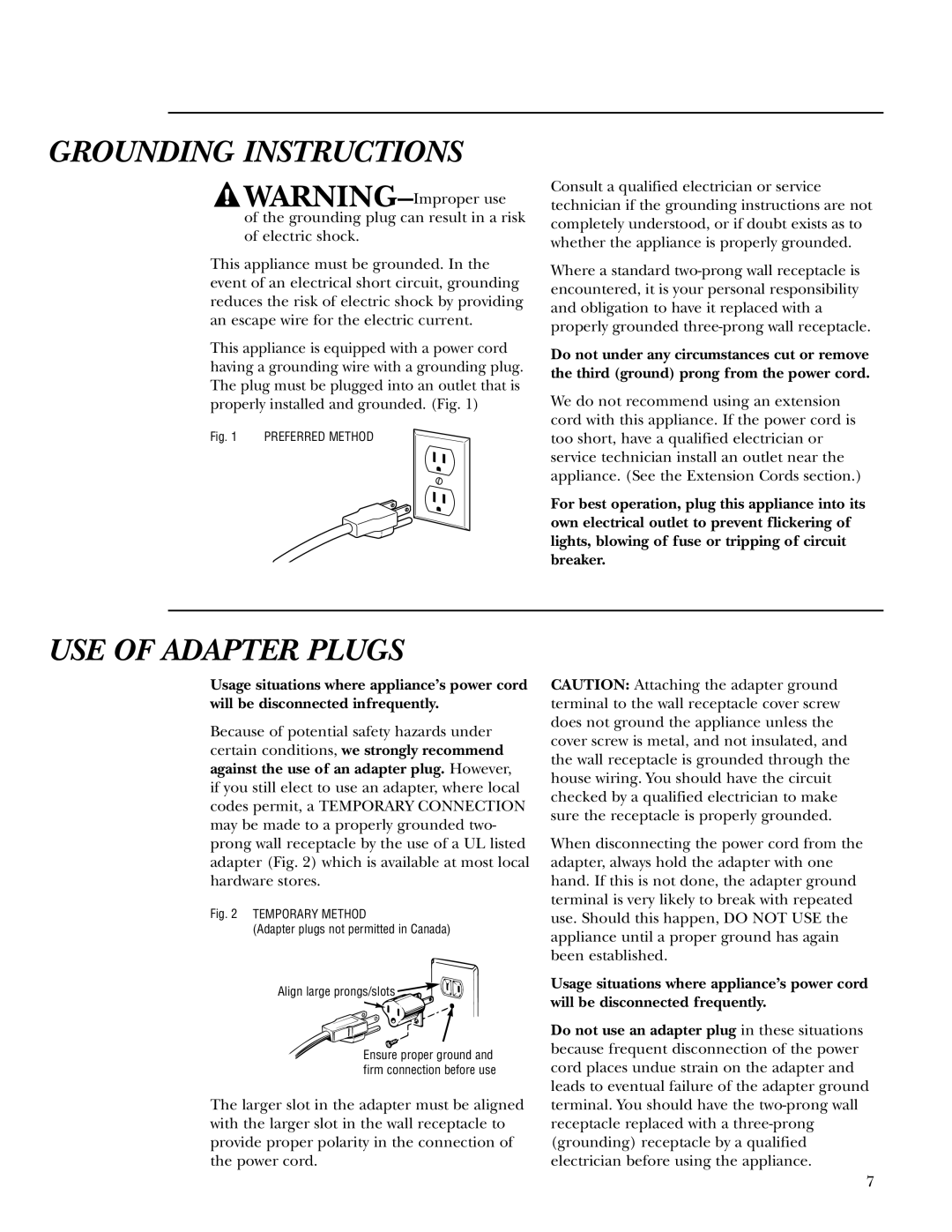 GE ZE2160 owner manual Grounding Instructions, USE of Adapter Plugs 