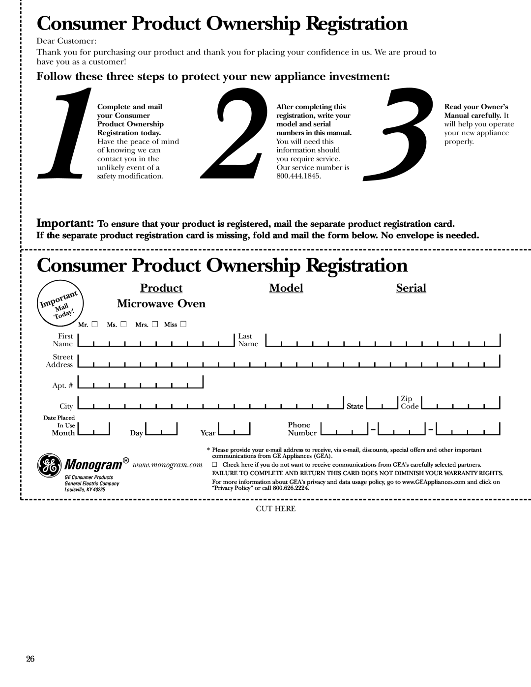 GE ZE2160 Consumer Product Ownership Registration, Follow these three steps to protect your new appliance investment 