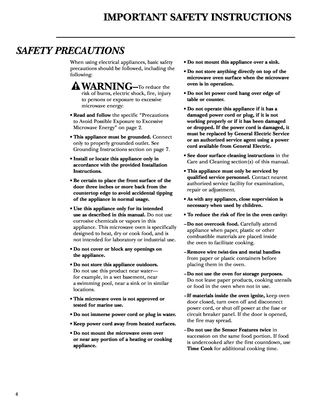 GE ZE2160 owner manual Important Safety Instructions, Safety Precautions 