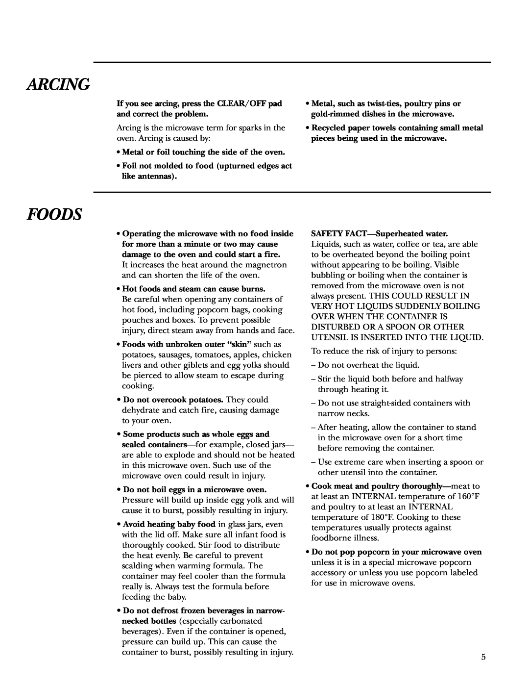GE ZE2160 owner manual Arcing, Foods 