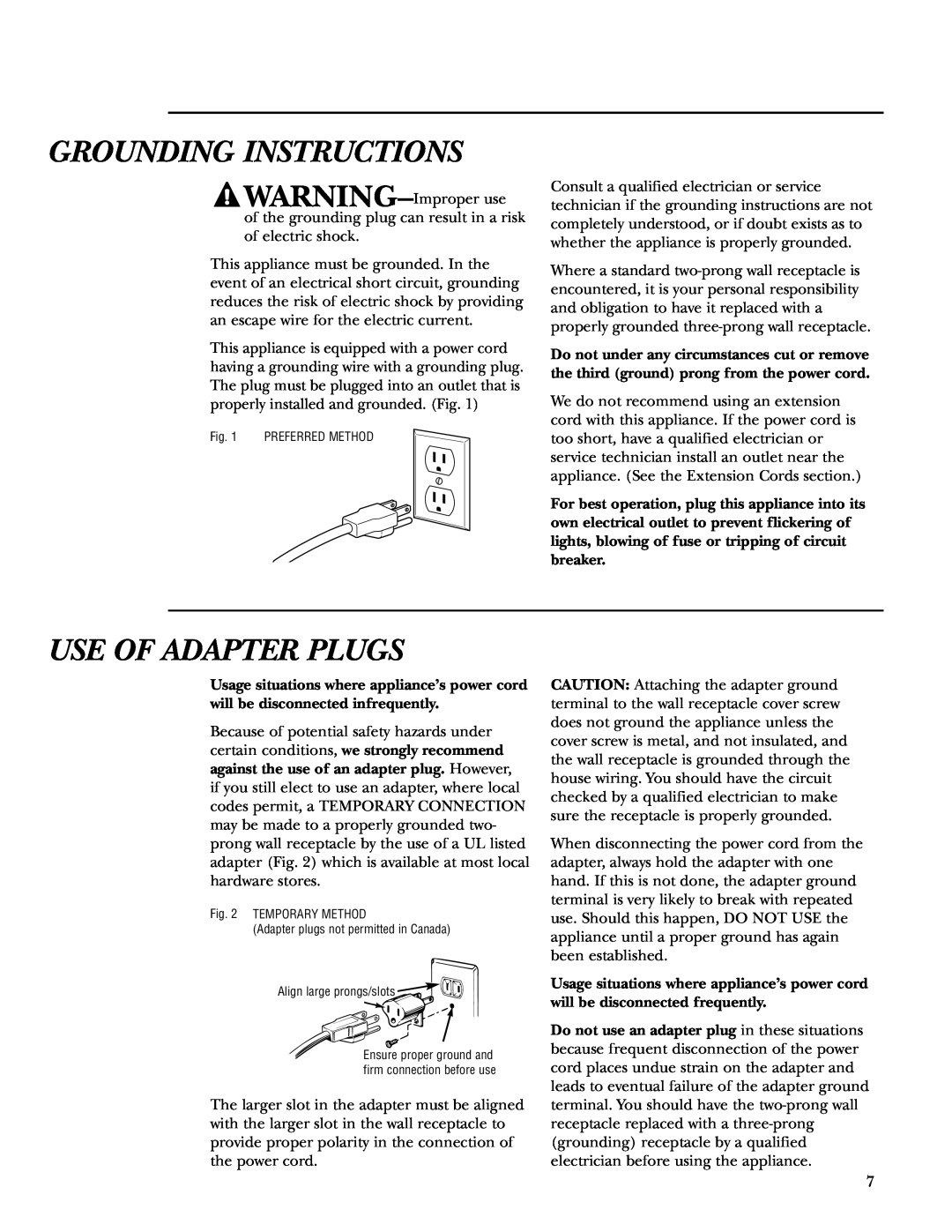 GE ZE2160 owner manual Grounding Instructions, Use Of Adapter Plugs 