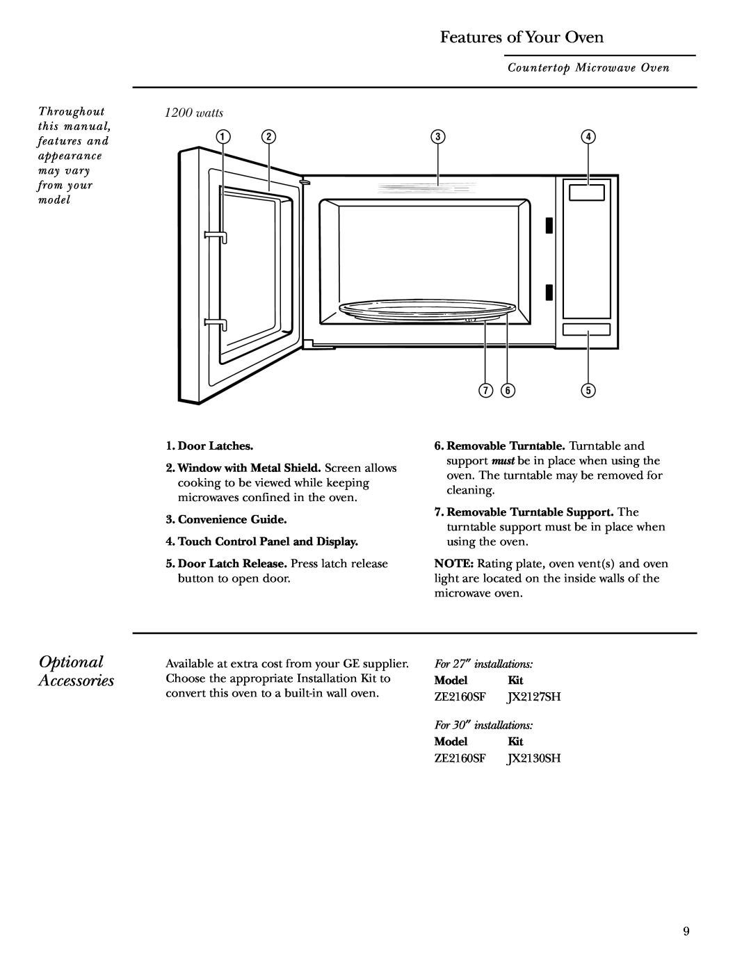 GE ZE2160 owner manual Features of Your Oven, Optional Accessories, watts 
