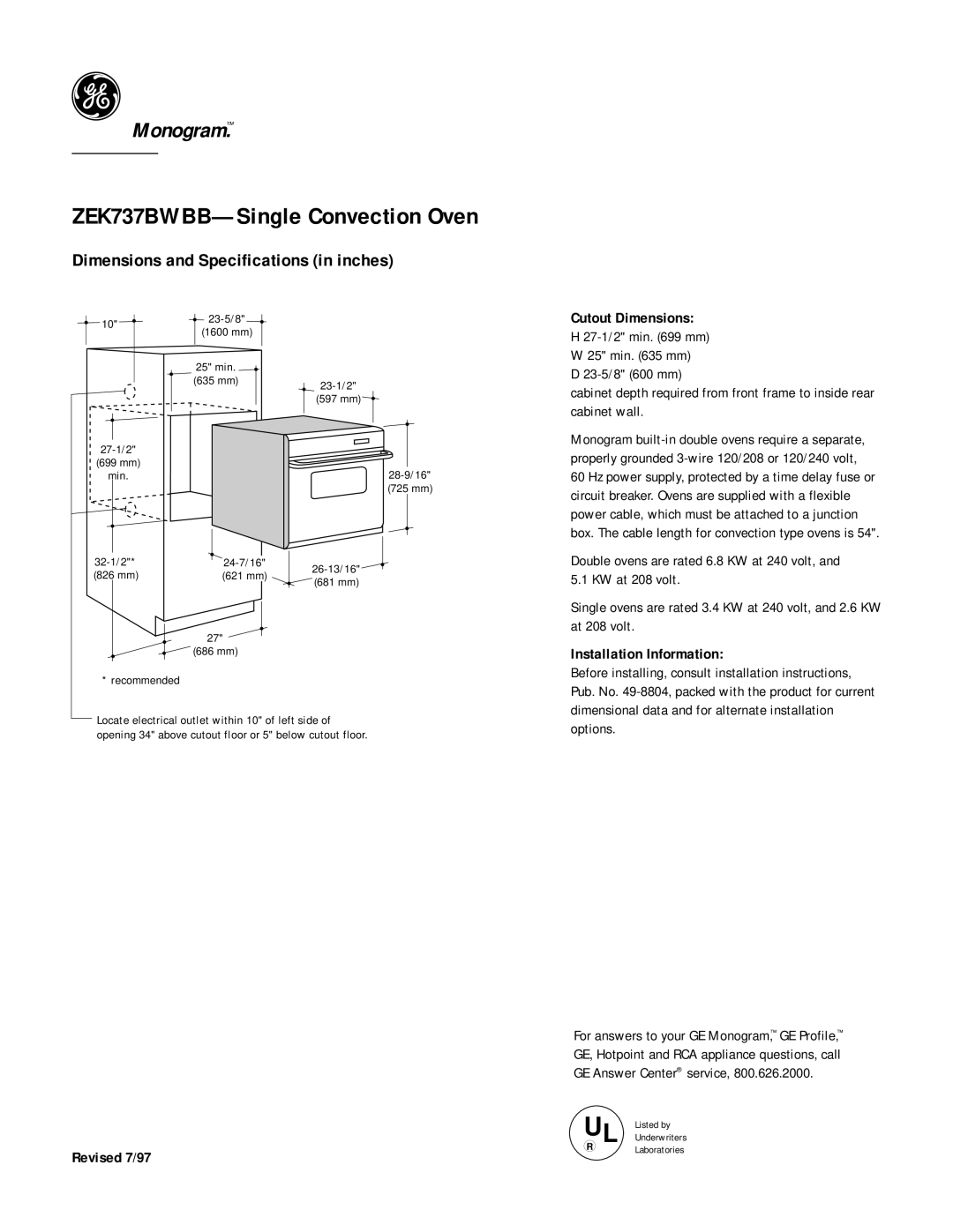 GE dimensions ZEK737BWBB-Single Convection Oven, Dimensions and Specifications in inches, Cutout Dimensions 