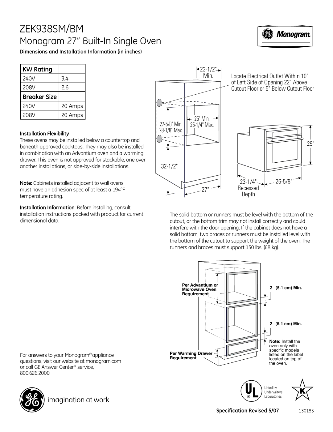 GE ZEK938SM/BM installation instructions Monogram 27 Built-In Single Oven, KW Rating 