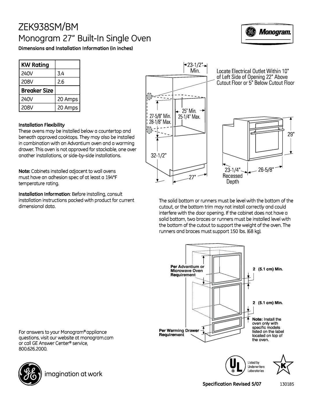 GE ZEK938SM/BM installation instructions Monogram 27” Built-In Single Oven, KW Rating 