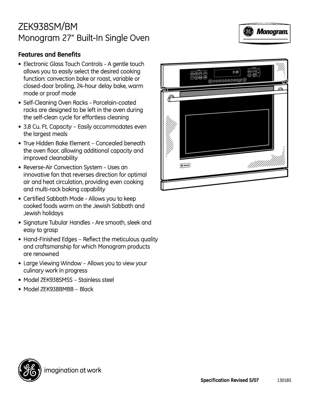 GE ZEK938SM/BM installation instructions Monogram 27” Built-In Single Oven, Features and Benefits 