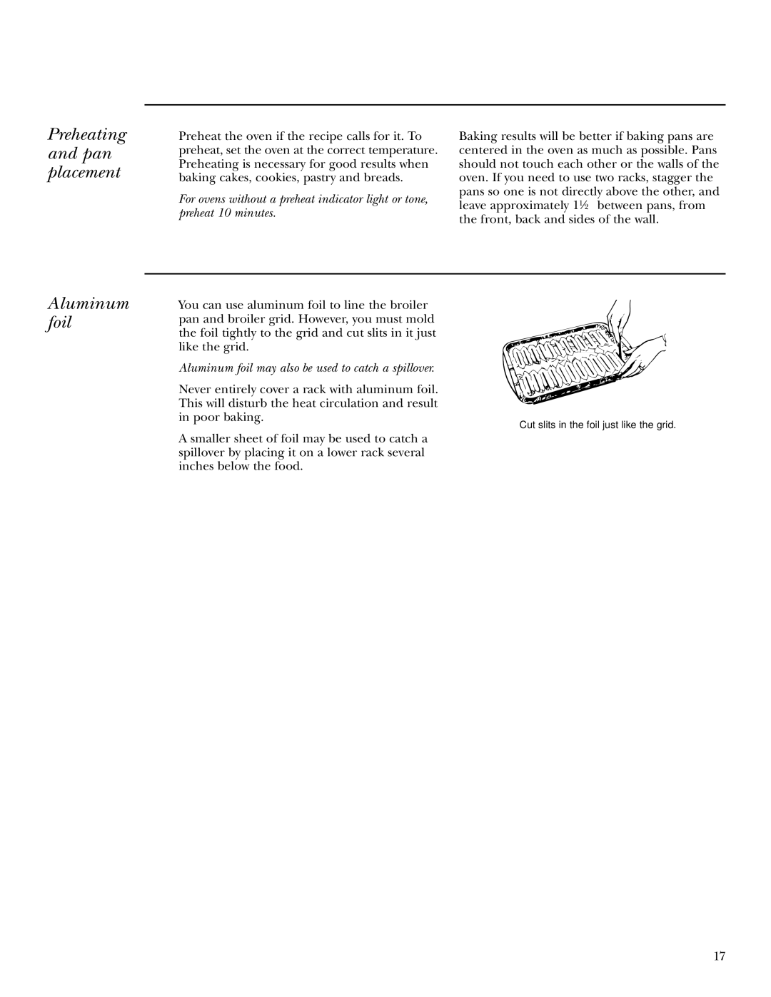 GE ZET938 30, ZEK958 27, ZET958 30, ZEK938 27 owner manual Preheating and pan placement, Aluminum foil 