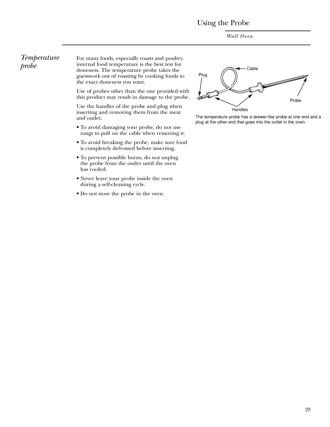 GE ZEK938 27, ZEK958 27, ZET938 30, ZET958 30 owner manual Temperature probe, Cable Plug Probe Handles 