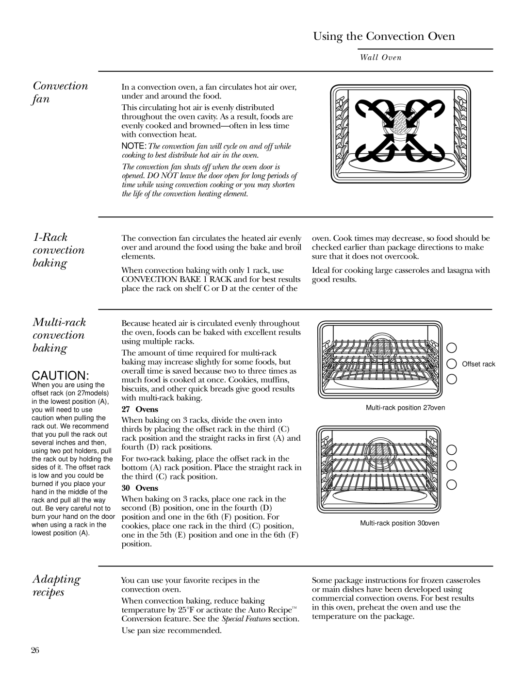 GE ZET958 30, ZEK958 27, ZET938 30, ZEK938 27 owner manual Convection, Fan, Rack, Baking, Multi-rack, Adapting recipes 