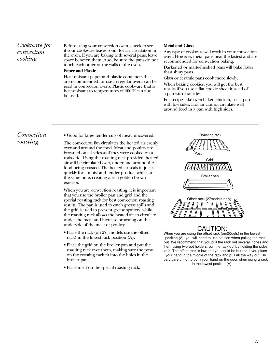 GE ZEK938 27, ZEK958 27, ZET938 30 Cookware for convection cooking, Convection roasting, Paper and Plastic, Metal and Glass 