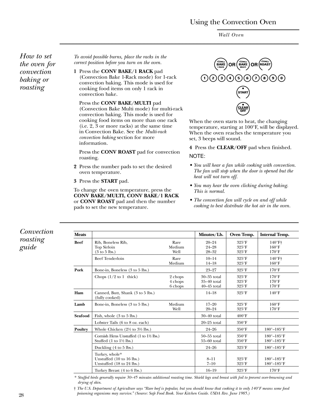 GE ZEK958 27, ZET938 30, ZET958 30 How to set the oven for convection baking or roasting, Convection roasting guide 