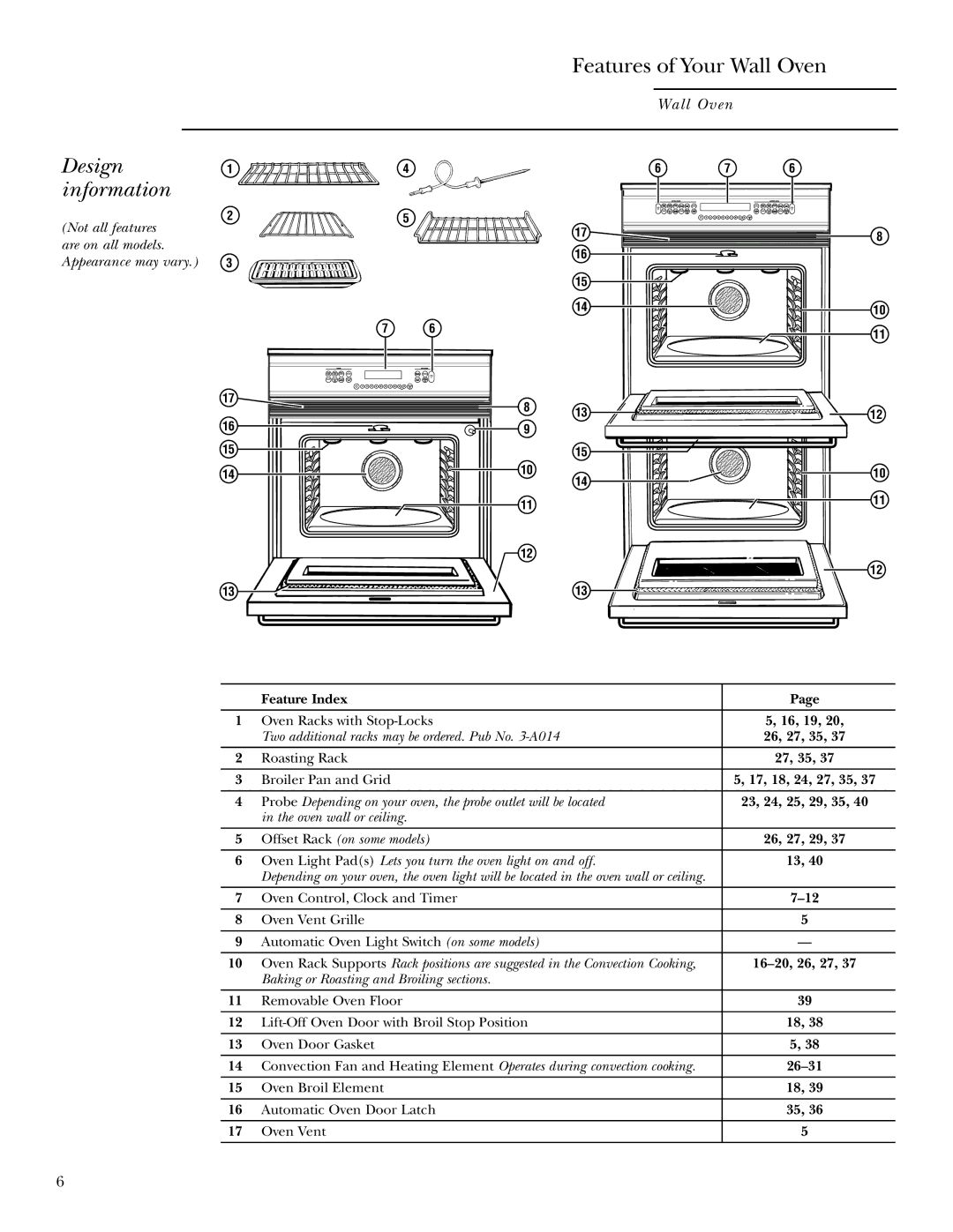 GE ZET958 30, ZEK958 27, ZET938 30, ZEK938 27 owner manual Design information, Baking or Roasting and Broiling sections 