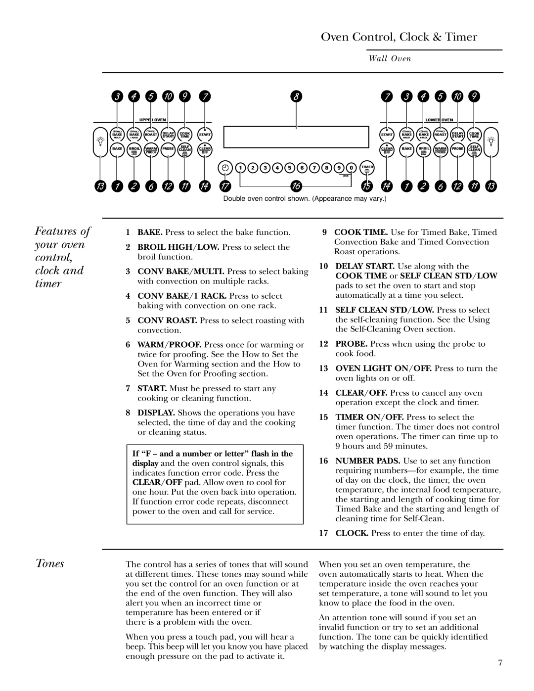 GE ZEK938 27, ZEK958 27, ZET938 30, ZET958 30 owner manual Features of your oven control, clock and timer, Tones 