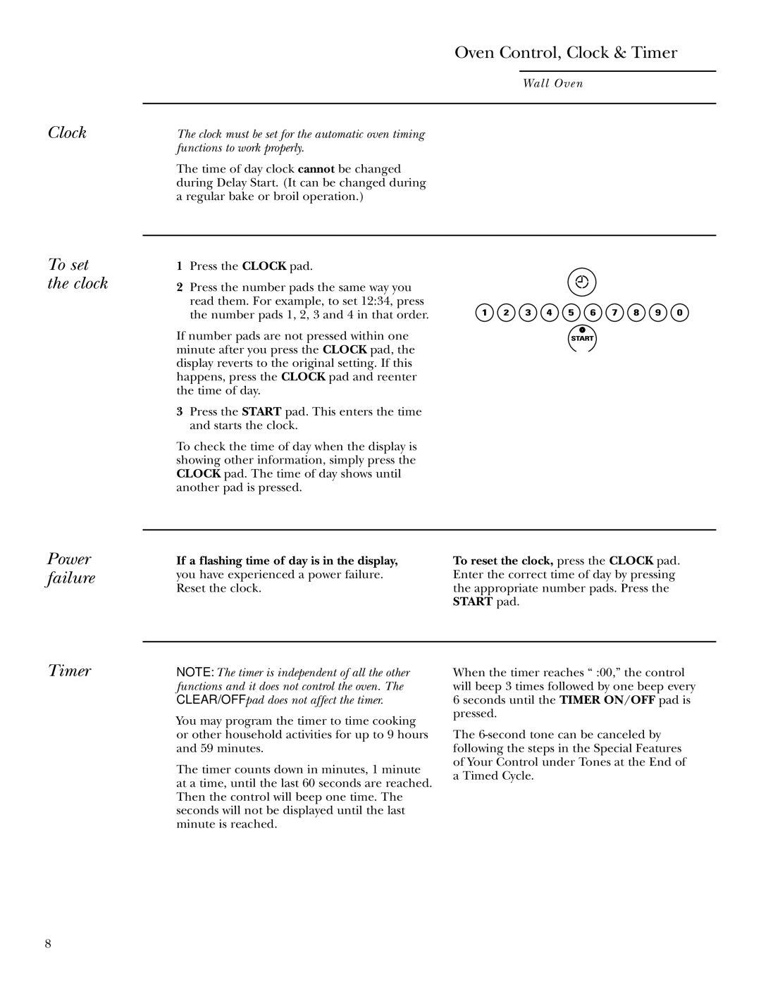 GE ZEK958 27, ZET938 30, ZET958 30, ZEK938 27 owner manual Clock To set the clock Power failure, Timer, Start pad 