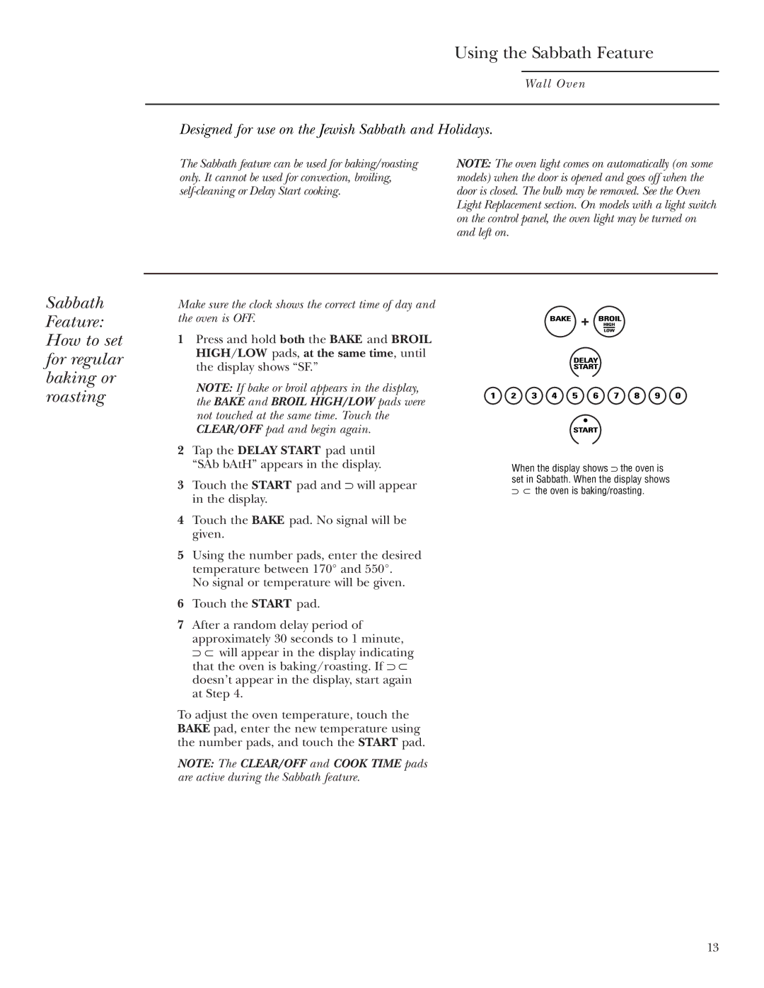 GE ZEK938, ZEK958 owner manual Using the Sabbath Feature, Sabbath Feature How to set for regular baking or roasting 