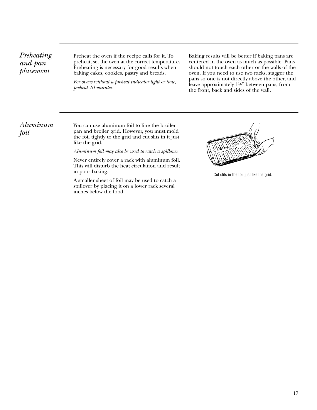 GE ZEK938, ZEK958 owner manual Preheating and pan placement, Aluminum foil 