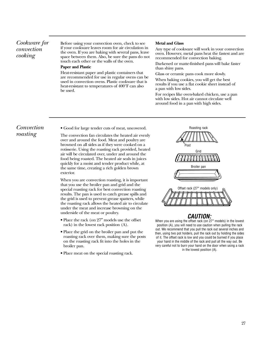 GE ZEK938, ZEK958 owner manual Cookware for convection cooking, Convection roasting, Paper and Plastic, Metal and Glass 